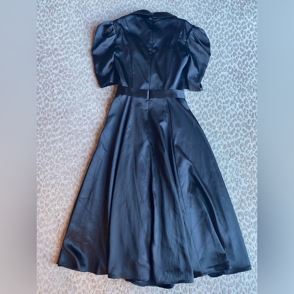 NWT Mac Duggal Black Puff Sleeve V-Neck Satin Collared A-line Midi Dress, size 0 - Picture 9 of 11